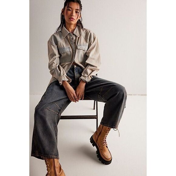 Free People We The Free Short Of It Denim Long-Sleeve Shirt in Tan NWOT size S - Picture 4 of 7